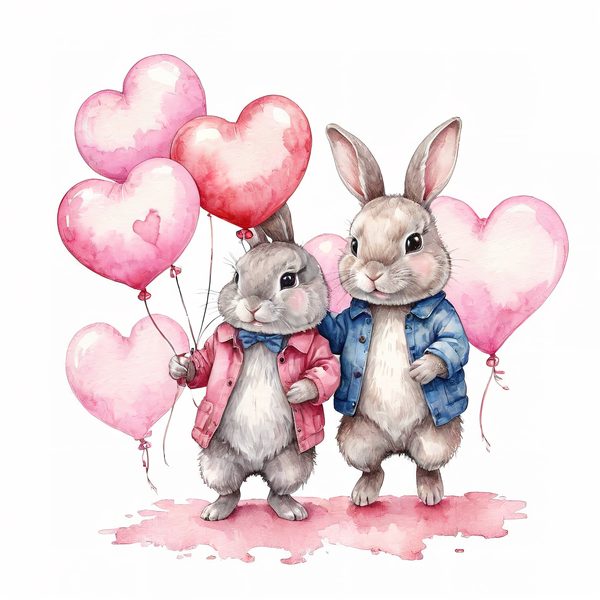 Watercolor Bunny Heart Balloons DIY Crafting Digital Paper 10 JPGs Commercial Use — image 9