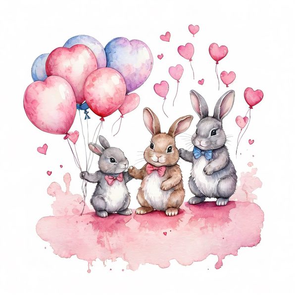 Watercolor Bunny Heart Balloons DIY Crafting Digital Paper 10 JPGs Commercial Use — image 11