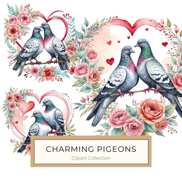 Watercolor Pigeons Clipart: Roses and Hearts (10 JPGs)