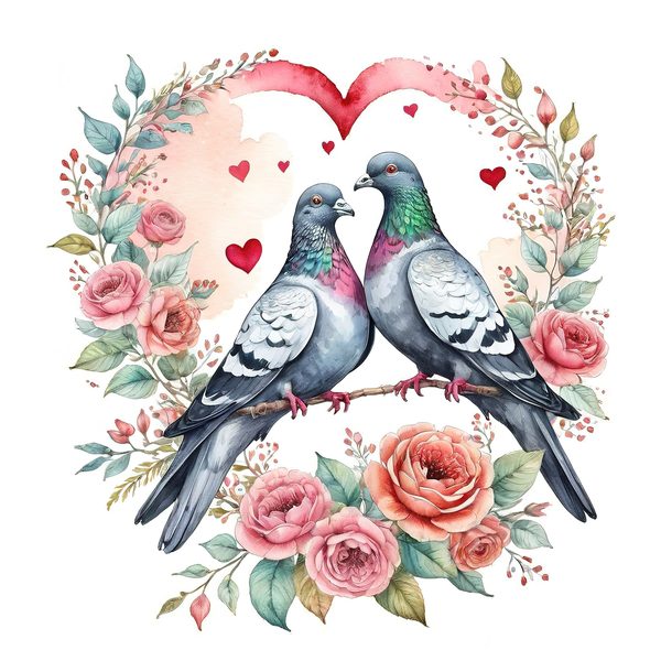 Watercolor Pigeons Clipart: Roses and Hearts (10 JPGs) — image 1