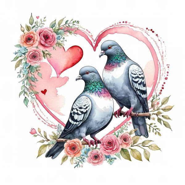 Watercolor Pigeons Clipart: Roses and Hearts (10 JPGs) — image 2