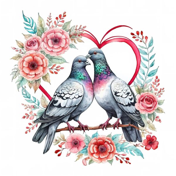 Watercolor Pigeons Clipart: Roses and Hearts (10 JPGs) — image 3