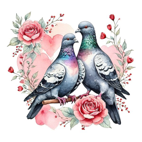 Watercolor Pigeons Clipart: Roses and Hearts (10 JPGs) — image 4