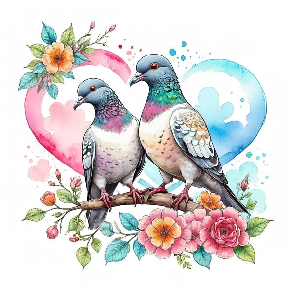 Watercolor Pigeons Clipart: Roses and Hearts (10 JPGs) — image 5