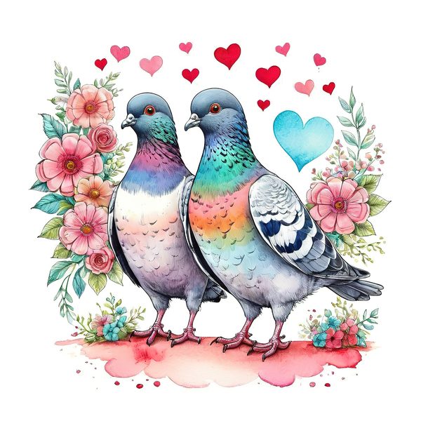 Watercolor Pigeons Clipart: Roses and Hearts (10 JPGs) — image 6