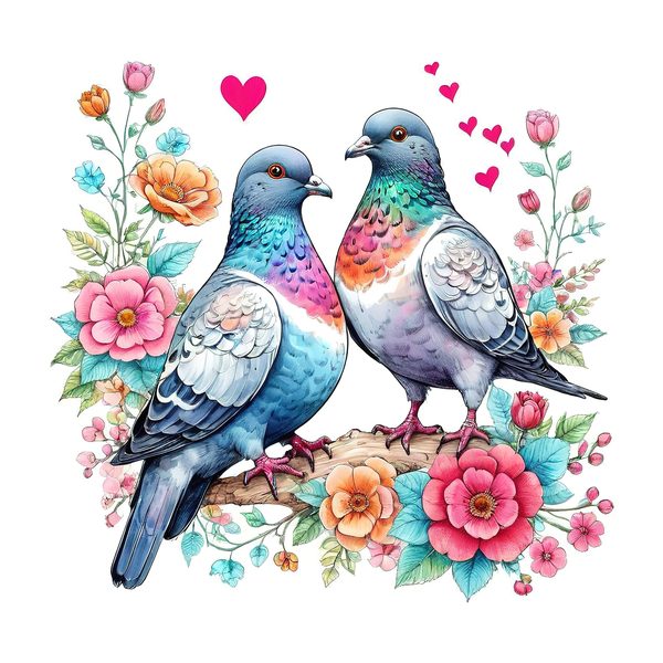 Watercolor Pigeons Clipart: Roses and Hearts (10 JPGs) — image 7