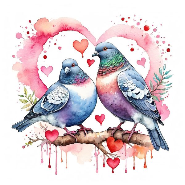 Watercolor Pigeons Clipart: Roses and Hearts (10 JPGs) — image 8