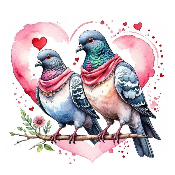 Watercolor Pigeons Clipart: Roses and Hearts (10 JPGs) — image 9