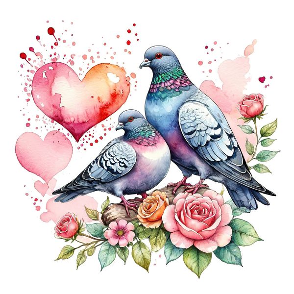 Watercolor Pigeons Clipart: Roses and Hearts (10 JPGs) — image 10