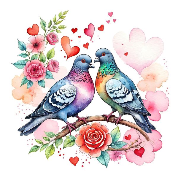Watercolor Pigeons Clipart: Roses and Hearts (10 JPGs) — image 11