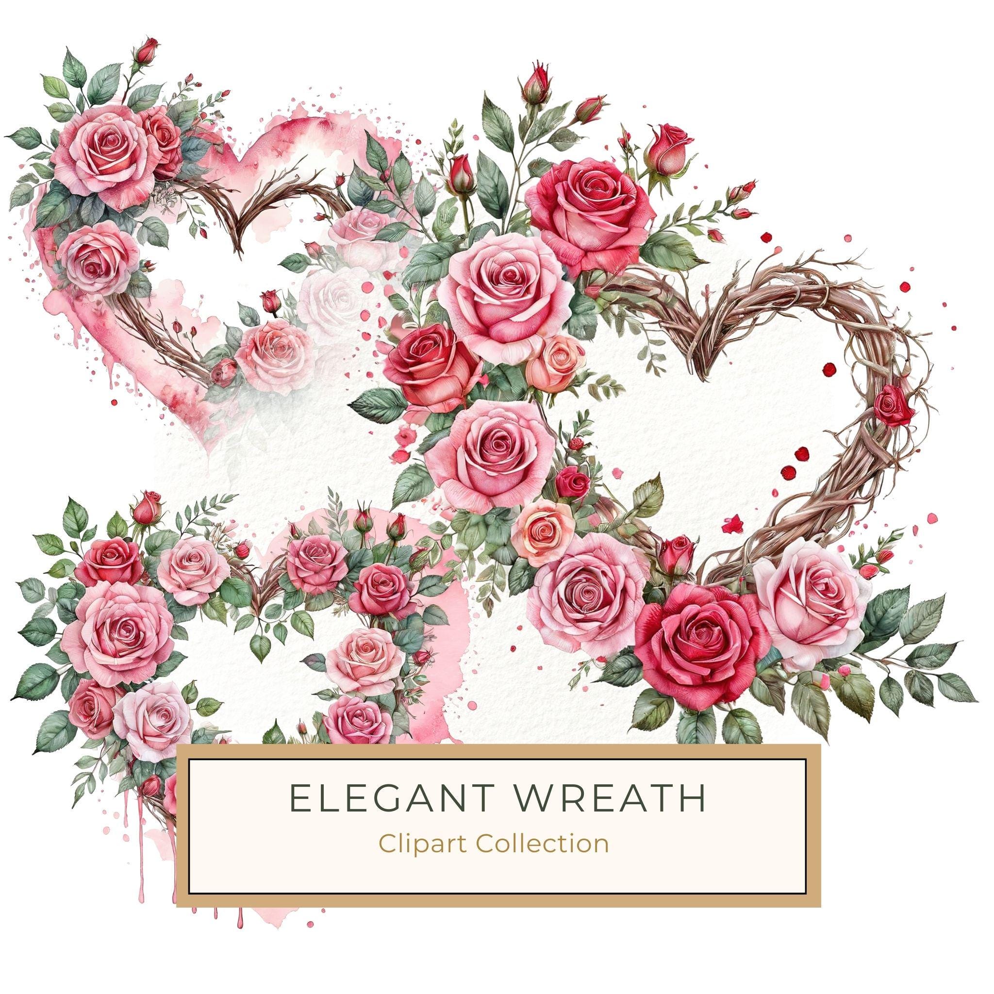 Watercolor Rose Heart Wreath Clipart: Valentine's Day Graphics (Commercial Use)