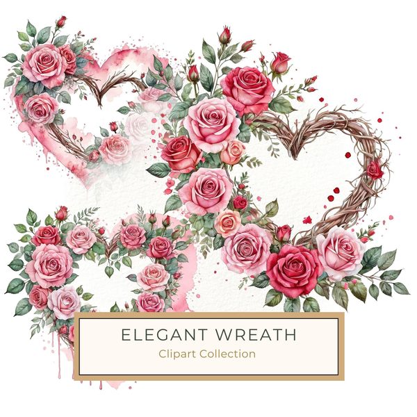 Watercolor Rose Heart Wreath Clipart: Valentine's Day Graphics (Commercial Use)