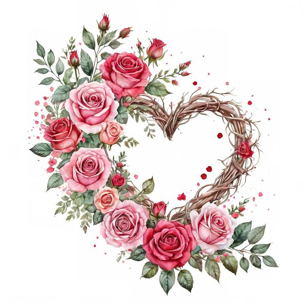 Watercolor Rose Heart Wreath Clipart: Valentine's Day Graphics (Commercial Use) — image 1