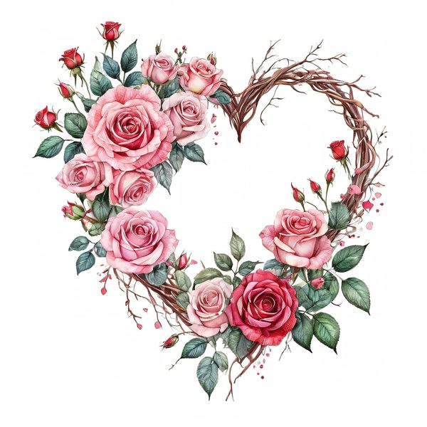 Watercolor Rose Heart Wreath Clipart: Valentine's Day Graphics (Commercial Use) — image 3