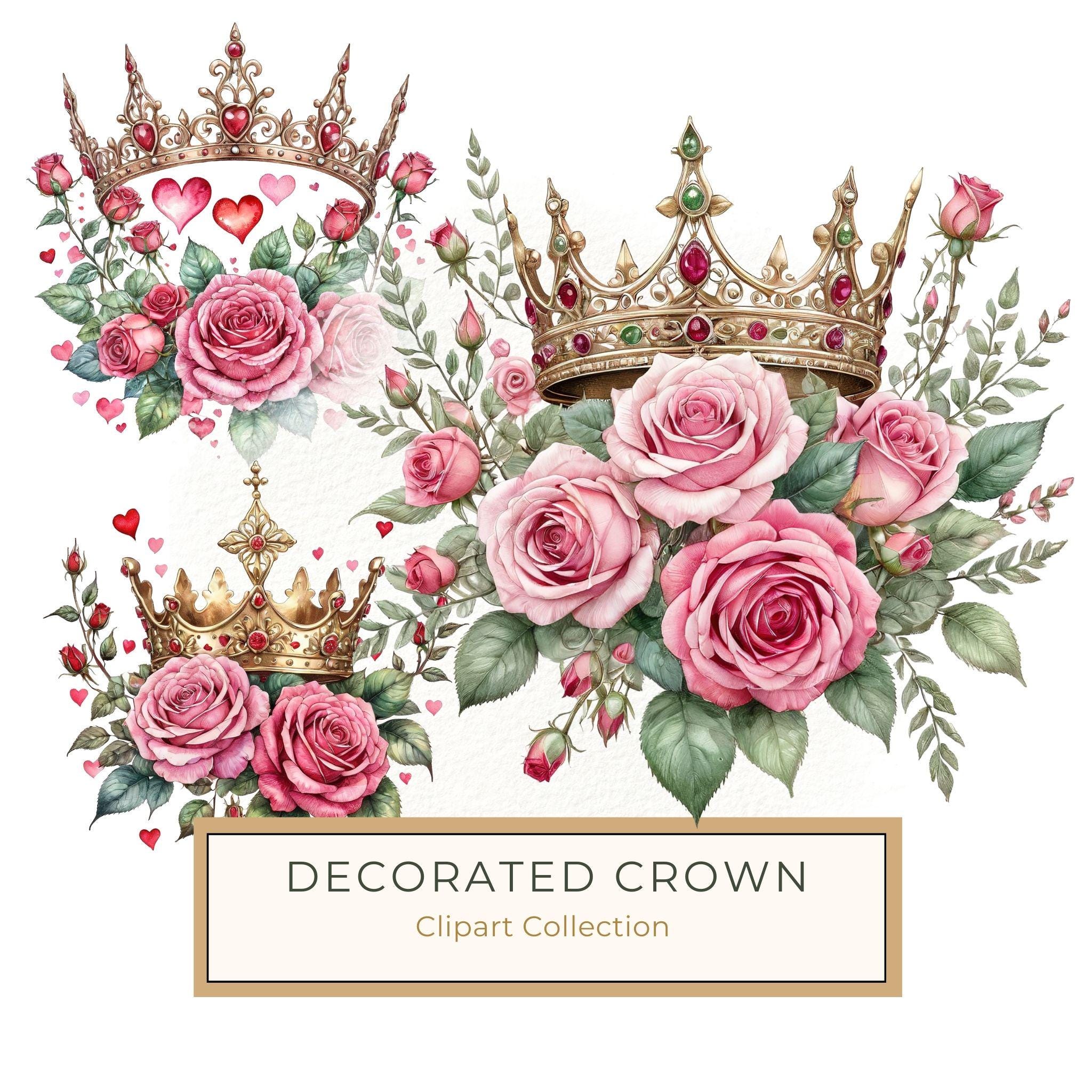 Watercolor Crown Clipart: Pink Roses & Decorative Crown Jewels (10 PNGs,  Digital Download, Commercial Use)