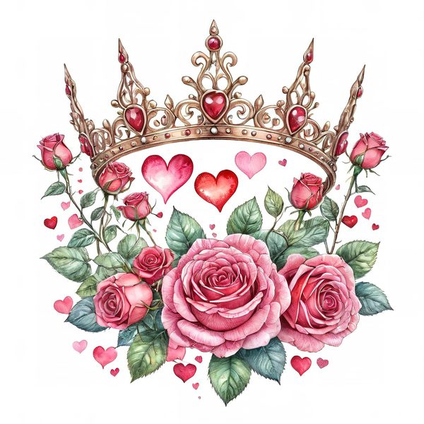 Watercolor Crown Clipart: Pink Roses & Decorative Crown Jewels (10 PNGs,  Digital Download, Commercial Use) — image 1