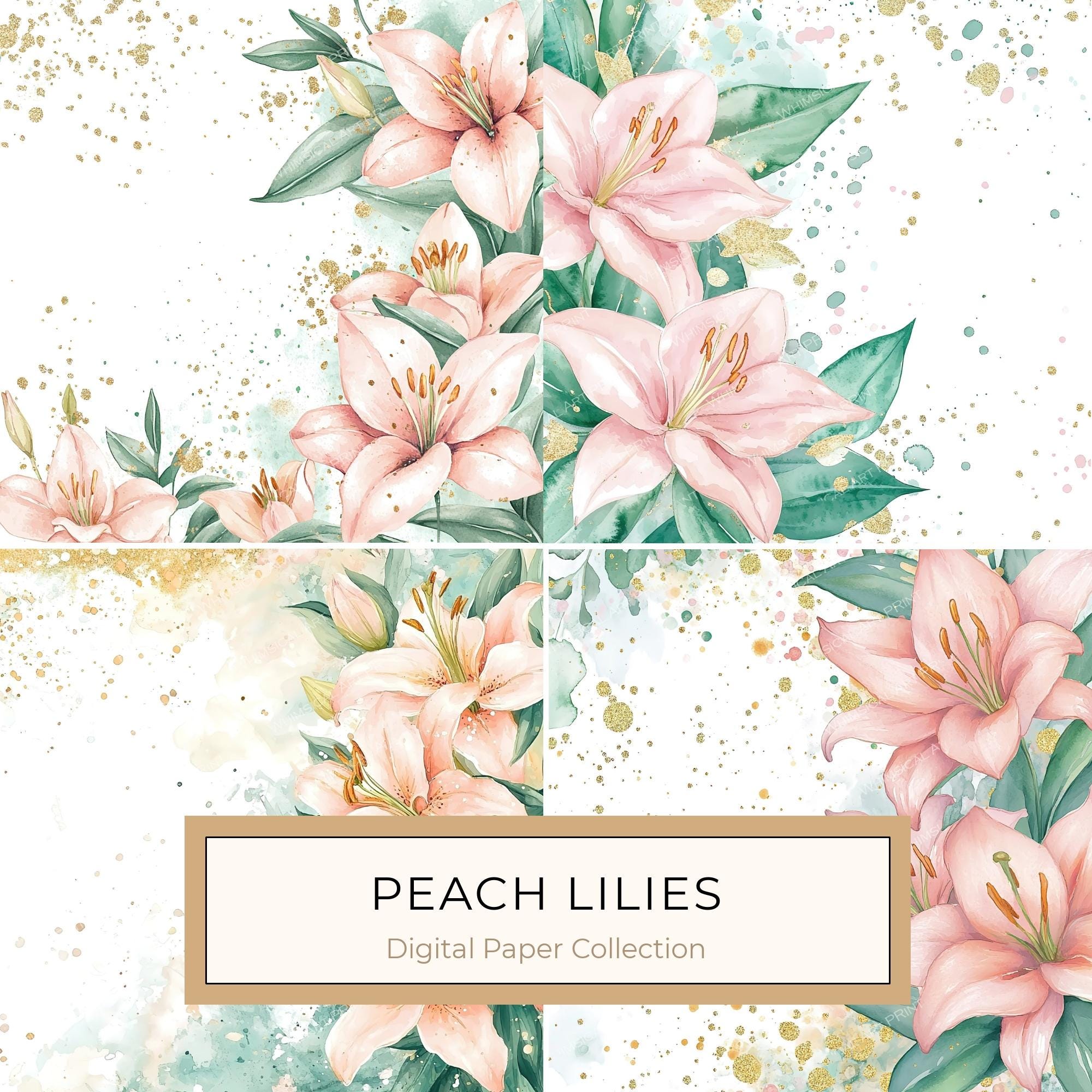 Watercolor Peach Lilies Digital Paper: Mint Green & Gold (JPGs)