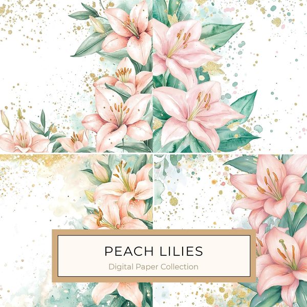Watercolor Peach Lilies Digital Paper: Mint Green & Gold (JPGs)