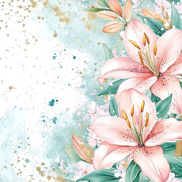 Watercolor Peach Lilies Digital Paper: Mint Green & Gold (JPGs) — image 1