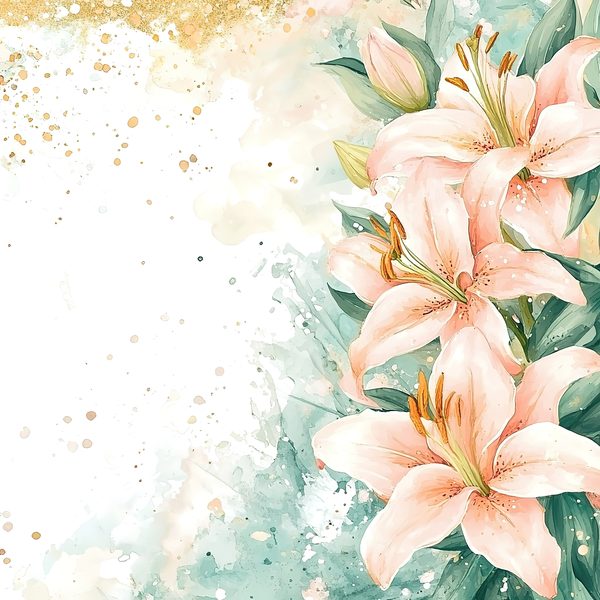 Watercolor Peach Lilies Digital Paper: Mint Green & Gold (JPGs) — image 2