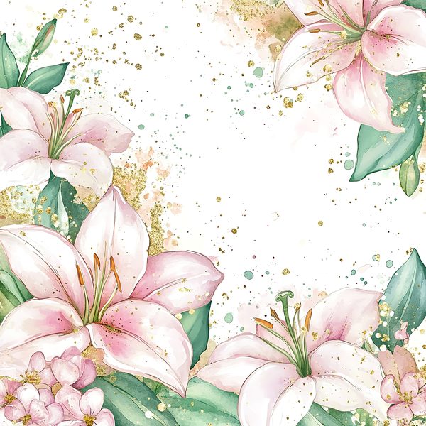 Watercolor Peach Lilies Digital Paper: Mint Green & Gold (JPGs) — image 5