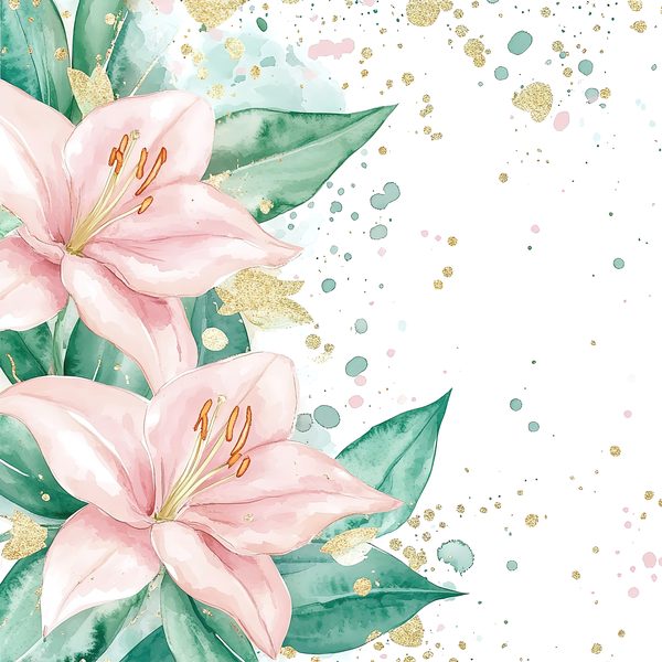 Watercolor Peach Lilies Digital Paper: Mint Green & Gold (JPGs) — image 7