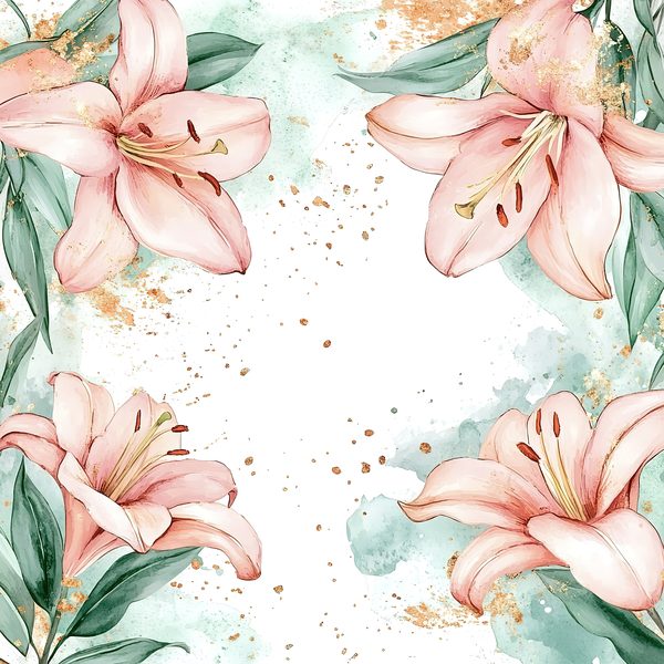 Watercolor Peach Lilies Digital Paper: Mint Green & Gold (JPGs) — image 10