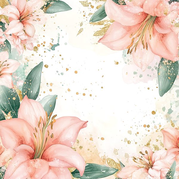 Watercolor Peach Lilies Digital Paper: Mint Green & Gold (JPGs) — image 11