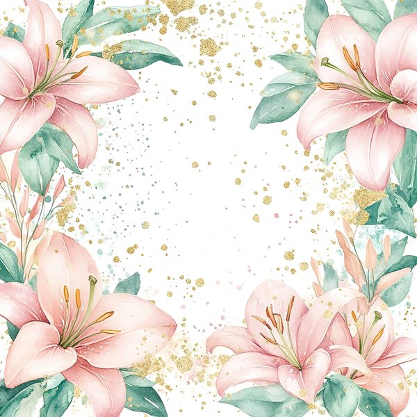 Watercolor Peach Lilies Digital Paper: Mint Green & Gold (JPGs) — image 12