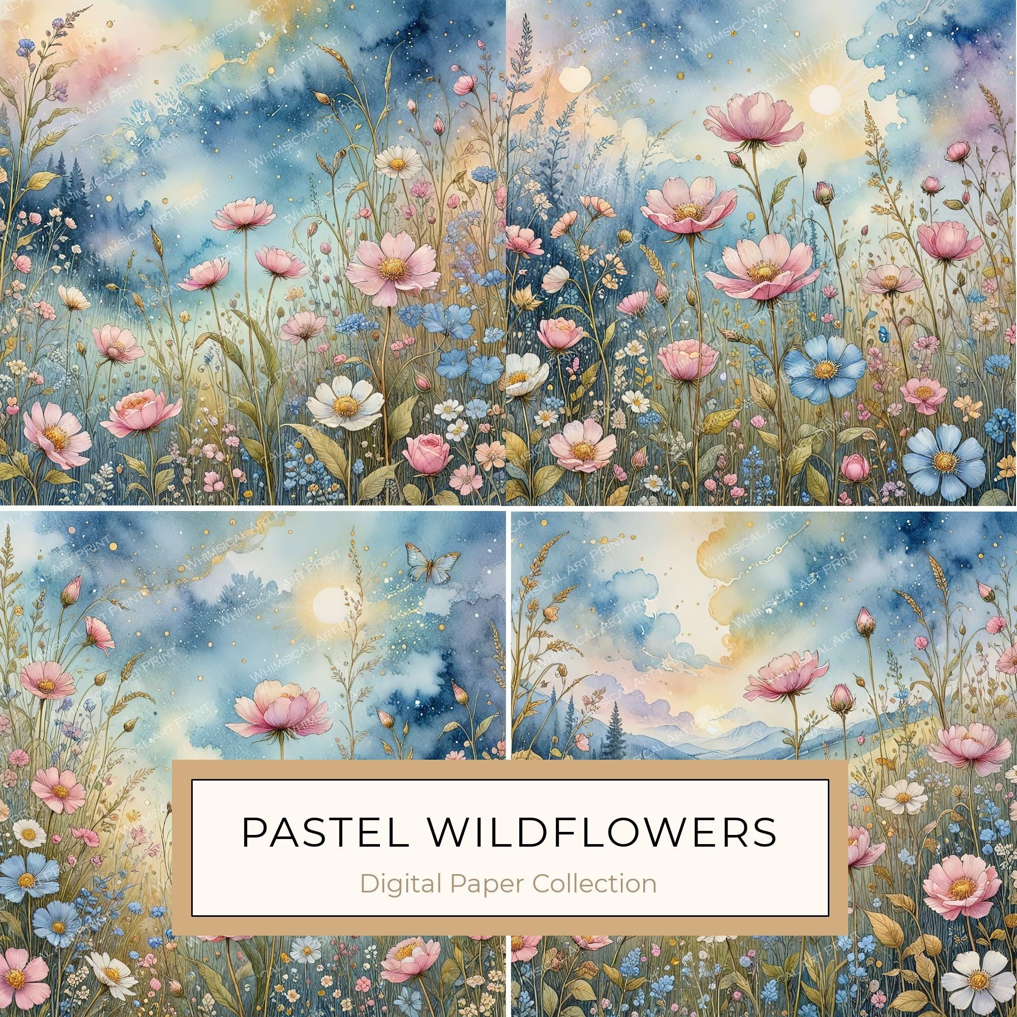 Watercolor Wildflower Digital Paper: Soft Pastel Garden (10 JPGs)