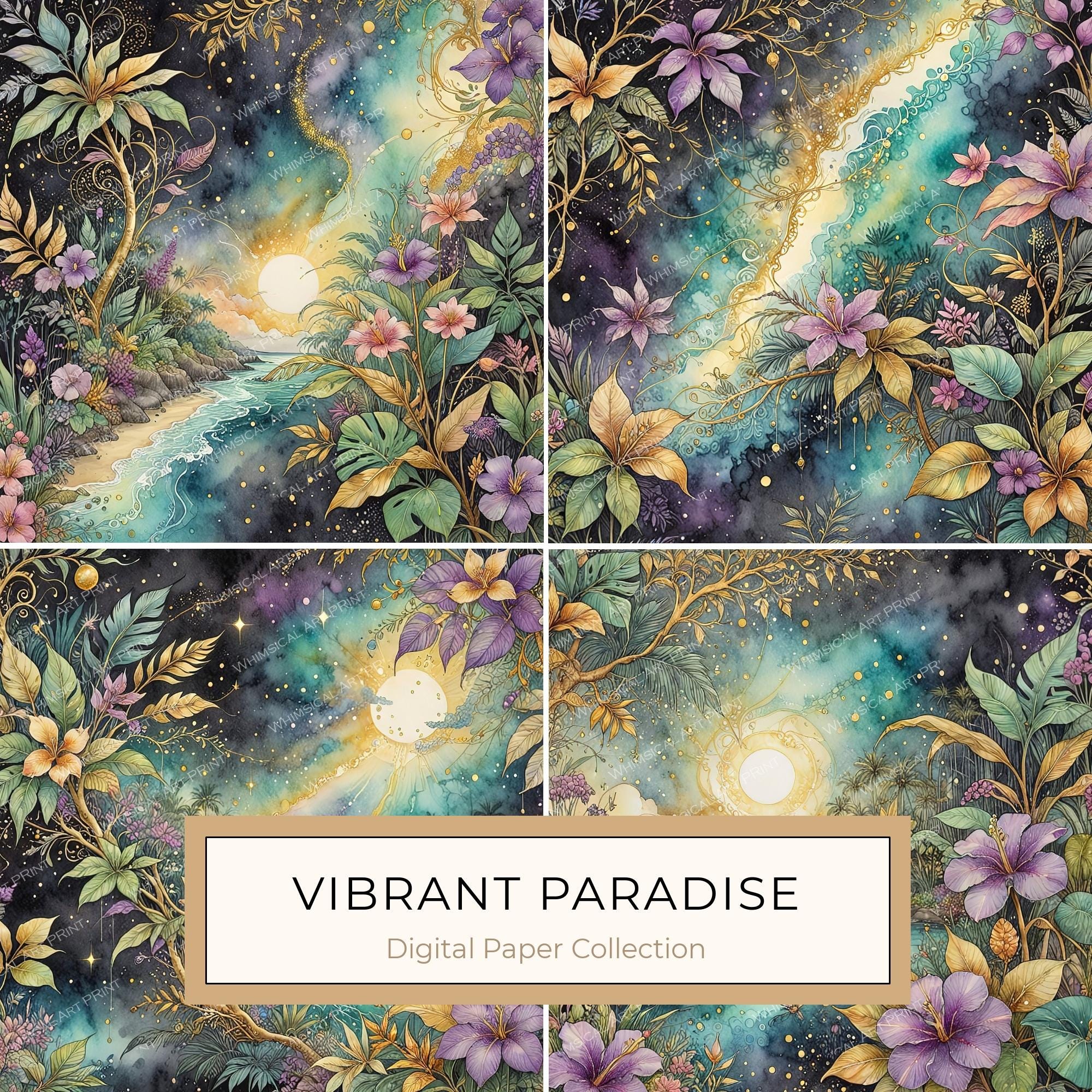 Tropical Starry Night Digital Paper: Gold Paradise Scrapbook Set (10 JPGs)