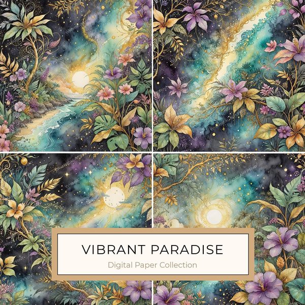 Tropical Starry Night Digital Paper: Gold Paradise Scrapbook Set (10 JPGs)