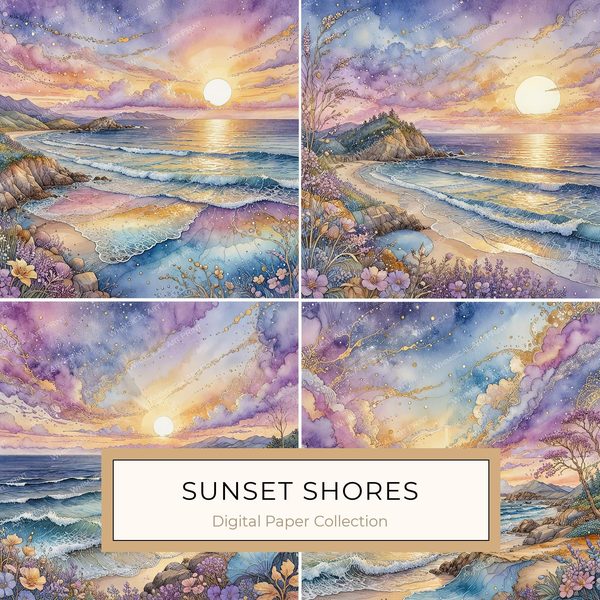 Watercolor Coastal Sunset Digital Paper: Soft Blues & Purples (10 JPGs)