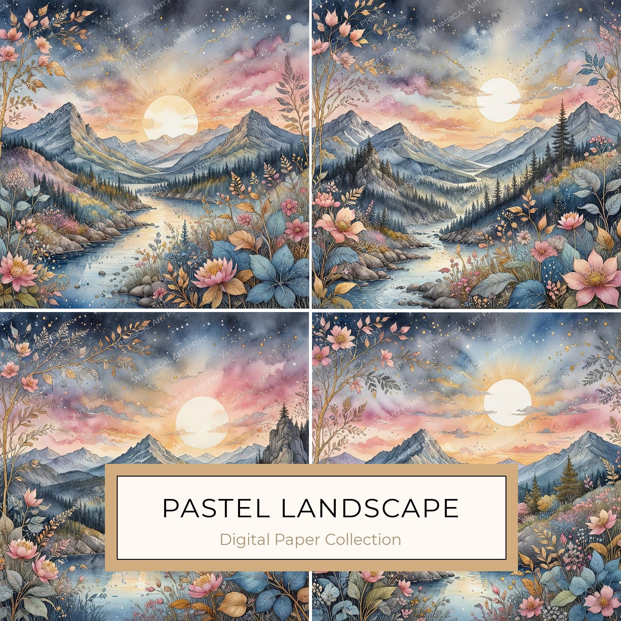 Watercolor Mountain Floral Digital Paper: Pastel Landscape (10 JPGs)