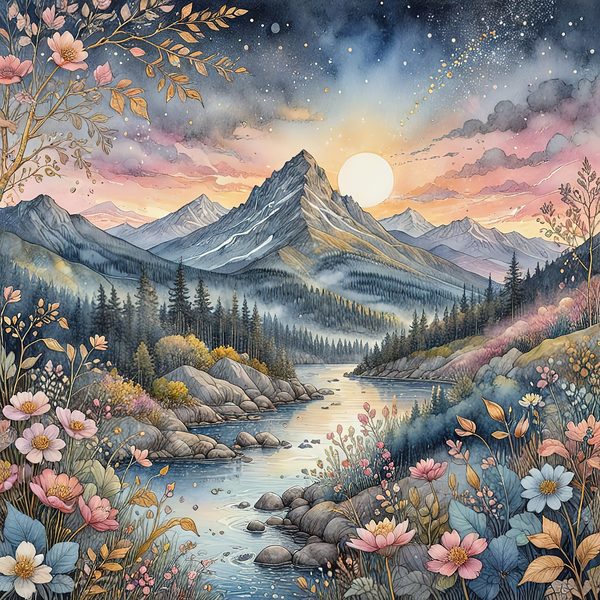 Watercolor Mountain Floral Digital Paper: Pastel Landscape (10 JPGs) — image 2