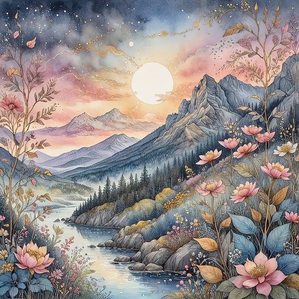 Watercolor Mountain Floral Digital Paper: Pastel Landscape (10 JPGs) — image 4