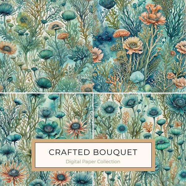 Watercolor Coral Digital Paper: Aqua Green Floral Elements (10 JPG, Commercial Use)