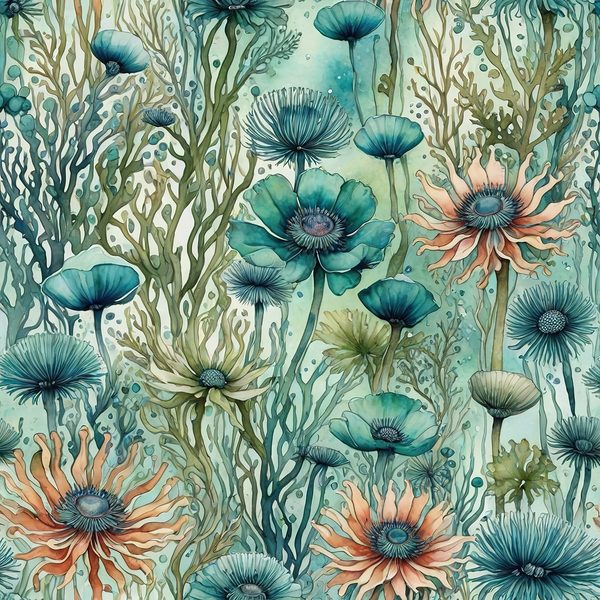 Watercolor Coral Digital Paper: Aqua Green Floral Elements (10 JPG, Commercial Use) — image 2