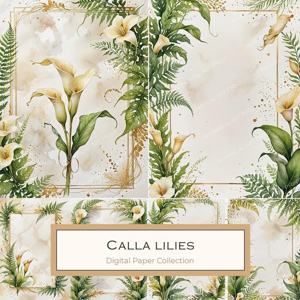 Watercolor Calla Lilies and Ferns : Printable Backgrounds for Stationery (JPGs)