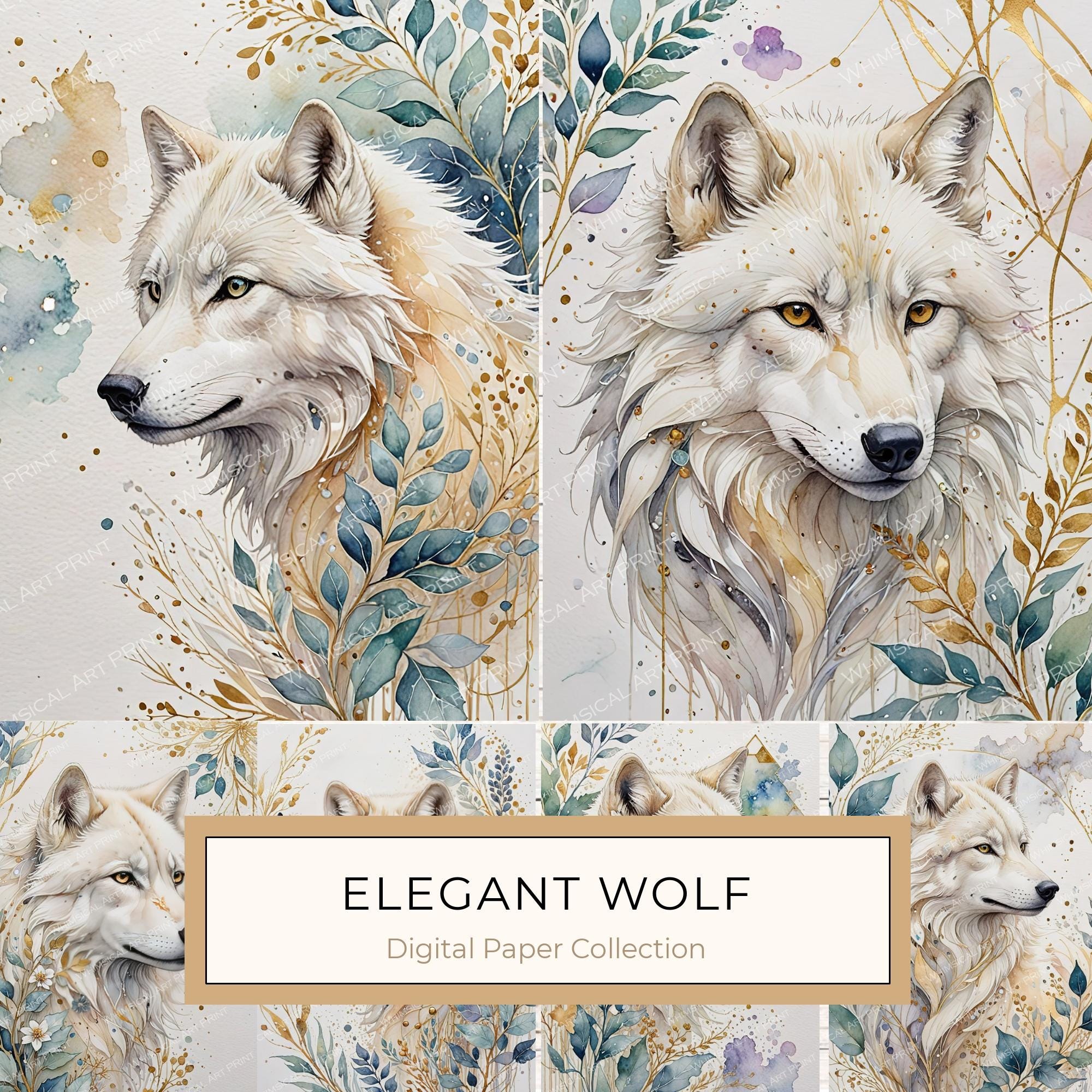 Watercolor Wolf Digital Paper: Blue Gray Illustration, Junk Journal (10 JPGs)
