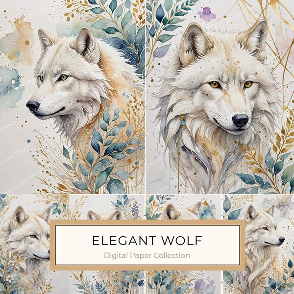 Watercolor Wolf Digital Paper: Blue Gray Illustration, Junk Journal (10 JPGs)