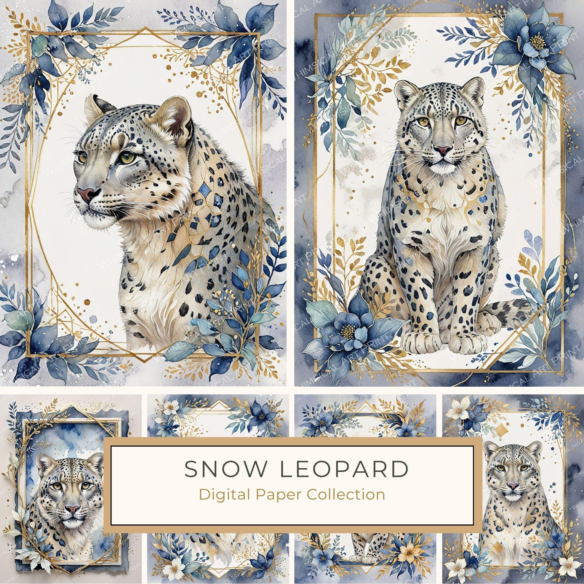 Watercolor Snow Leopard Digital Paper: Botanical Scrapbook Art (Digital Download)