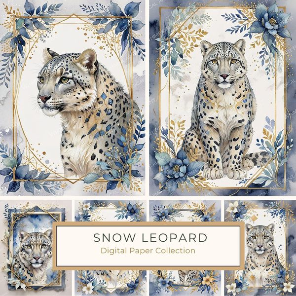 Watercolor Snow Leopard Digital Paper: Botanical Scrapbook Art (Digital Download)