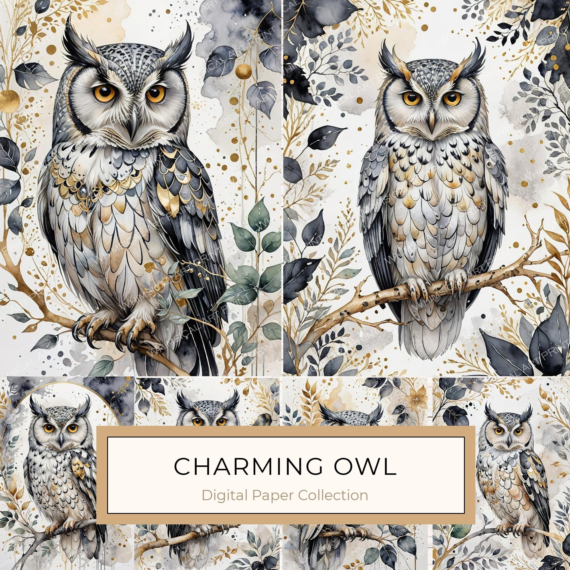 Watercolor Owl Digital Paper Set: Botanical Scrapbooking, Card Making (JPG Digital Download)