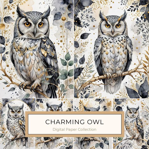 Watercolor Owl Digital Paper Set: Botanical Scrapbooking, Card Making (JPG Digital Download)