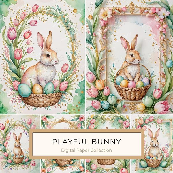 Watercolor Bunny Floral Paper Set: Spring Scrapbooking JPGs (Digital Download)