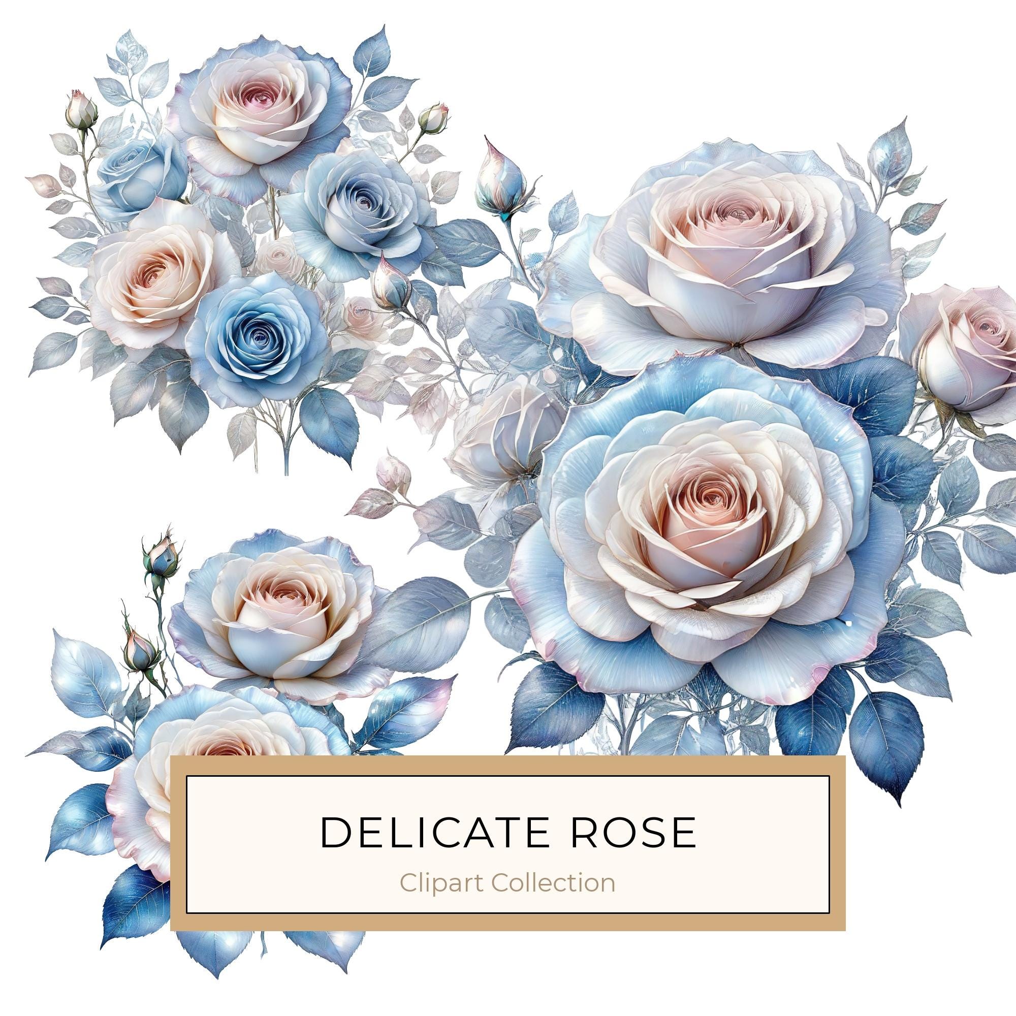 Watercolor Blue Roses Clipart: Iridescent Floral PNG JPG (Commercial Use)