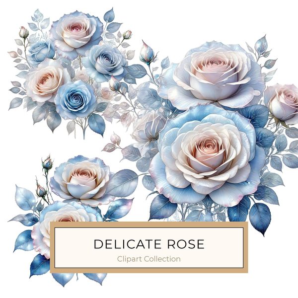 Watercolor Blue Roses Clipart: Iridescent Floral PNG JPG (Commercial Use)