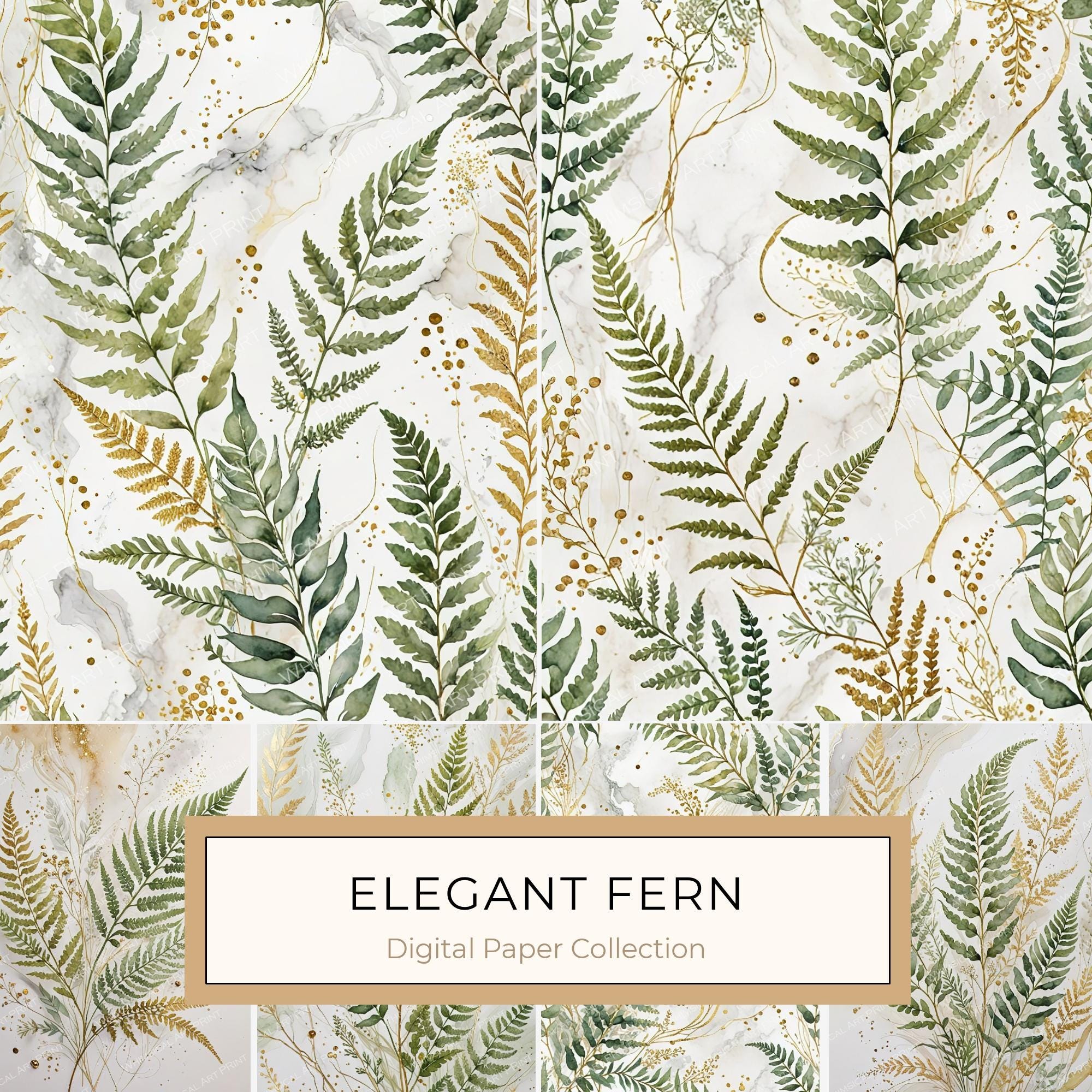 Watercolor Fern Digital Paper Set: Leafy Green & Gold (JPGs)