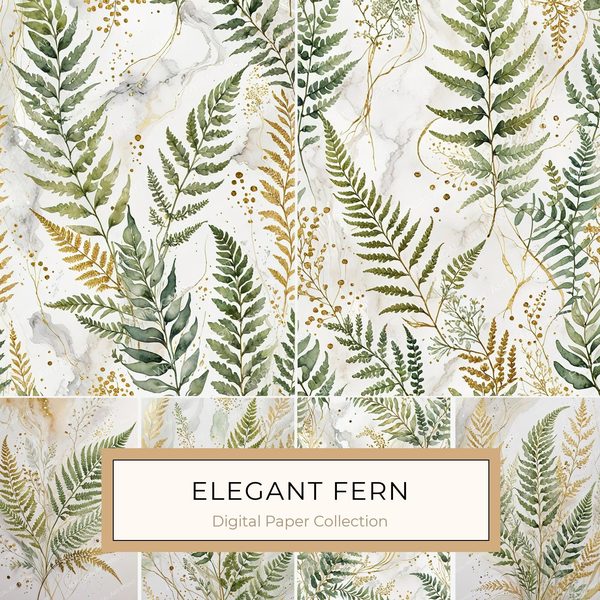 Watercolor Fern Digital Paper Set: Leafy Green & Gold (JPGs)